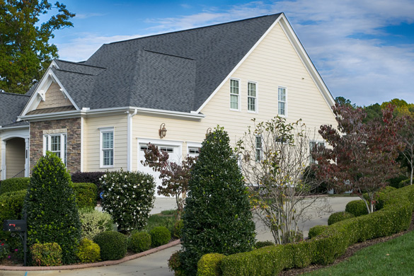 Shrubs in front yard landscape and driveway