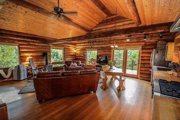 Living room architecture and design in a rustic leather and wood cabin setting